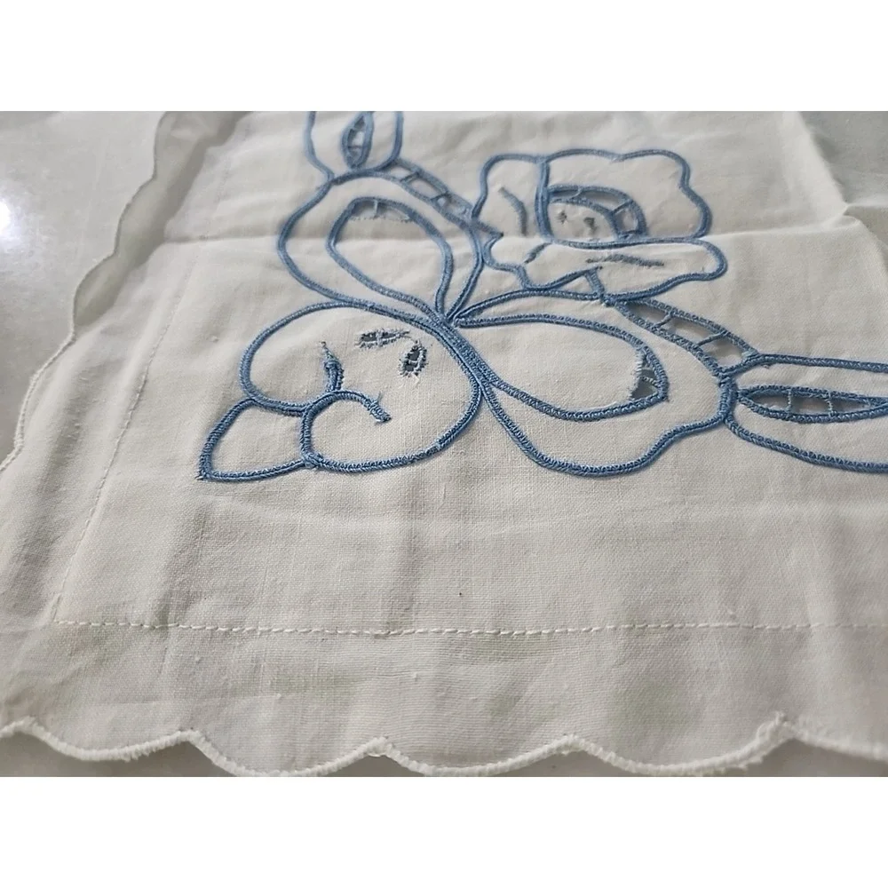 18-in White Cotton Pillow Square Scalloped Edge Blue Cutwork Embroidery Zipper